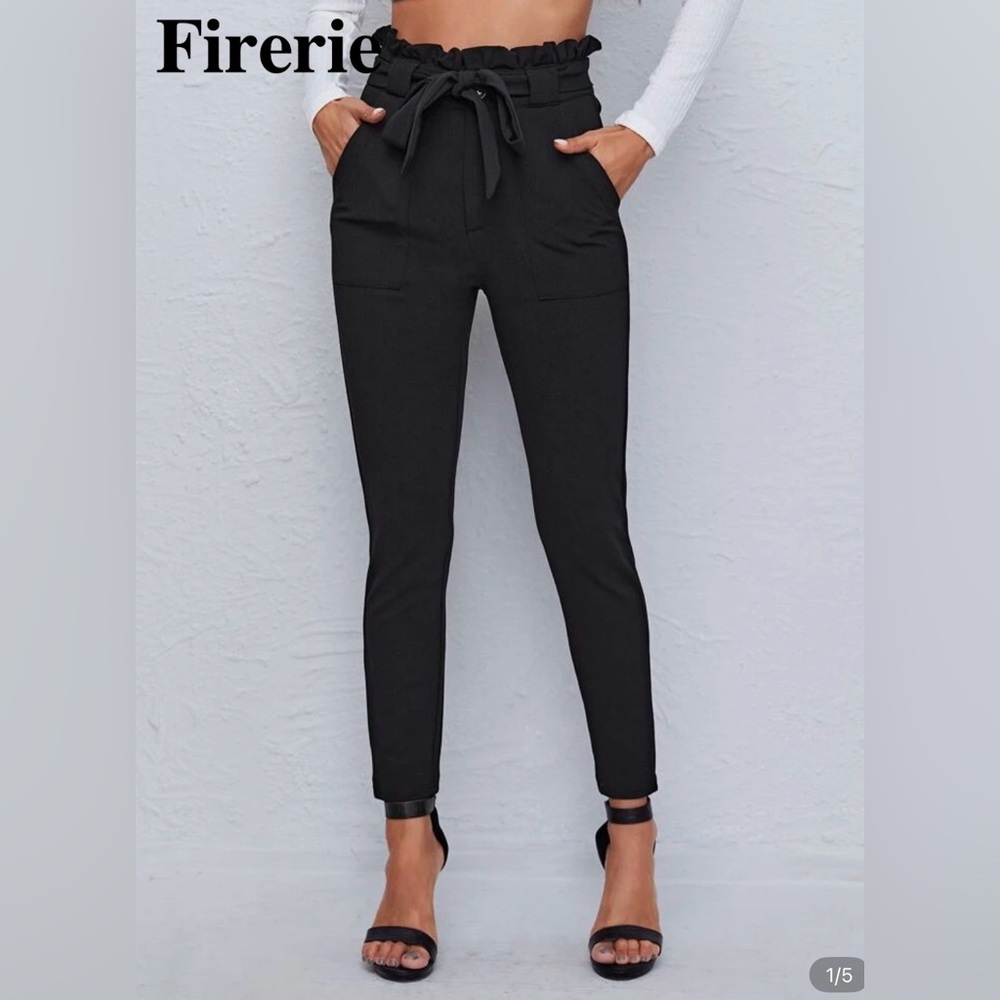 SHEIN Black Ankle Paper Bag Pants with Pockets Featuring Belt With Bow Detail - Picture 1 of 10